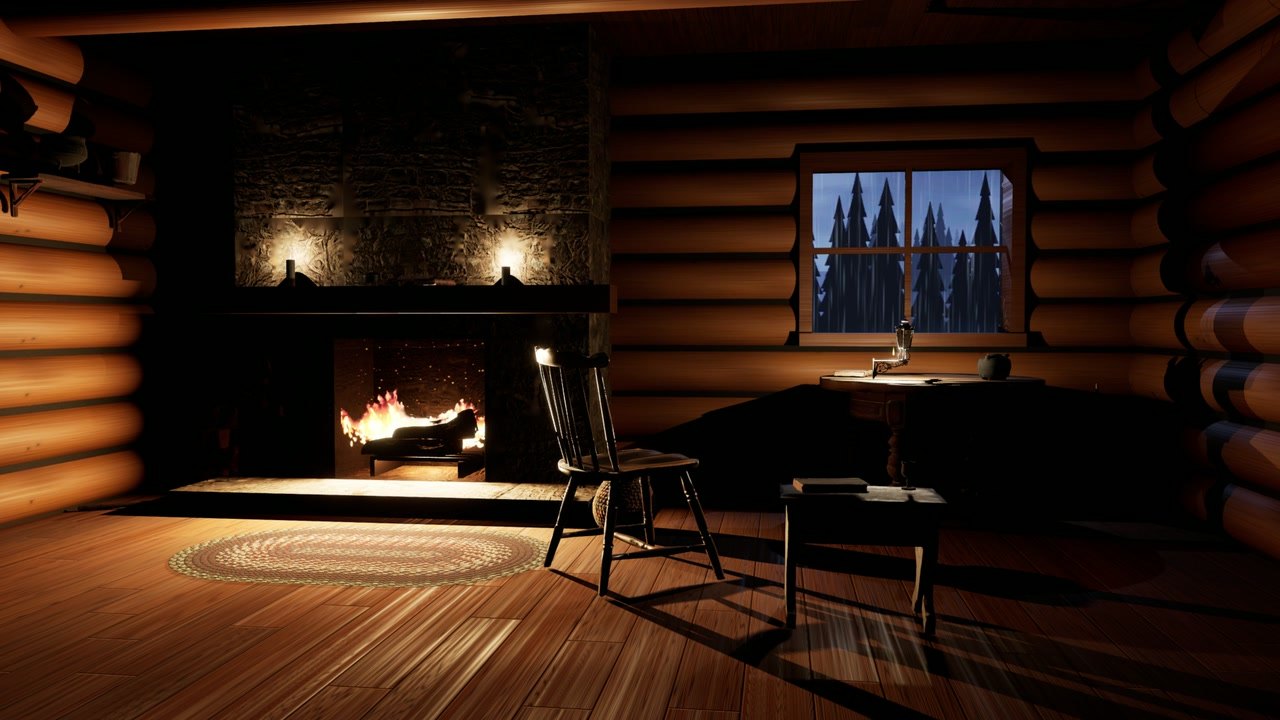 Log cabin interior with a fireplace and a window onto pines