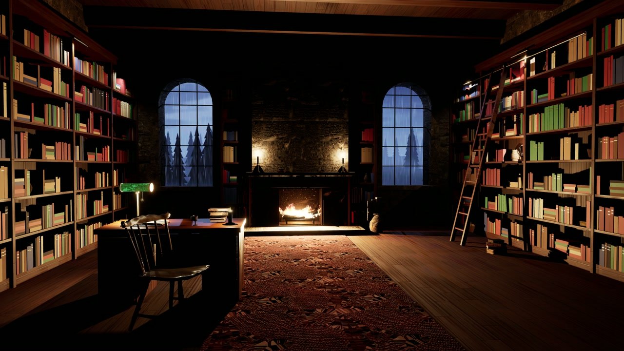 Rainy-night library render from an Unreal Sleep video