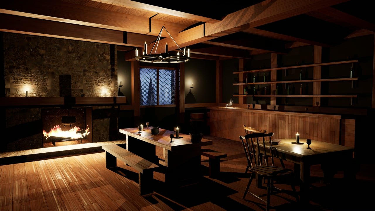 Medieval tavern with a hearth fire and candlelit tables