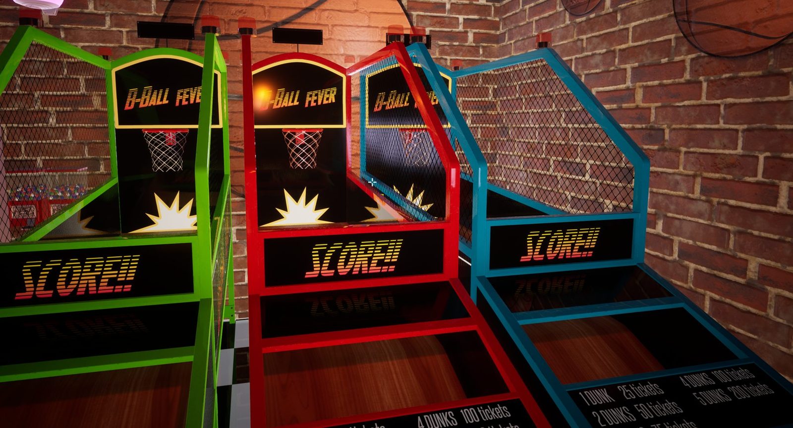 Three arcade basketball machines against a brick wall