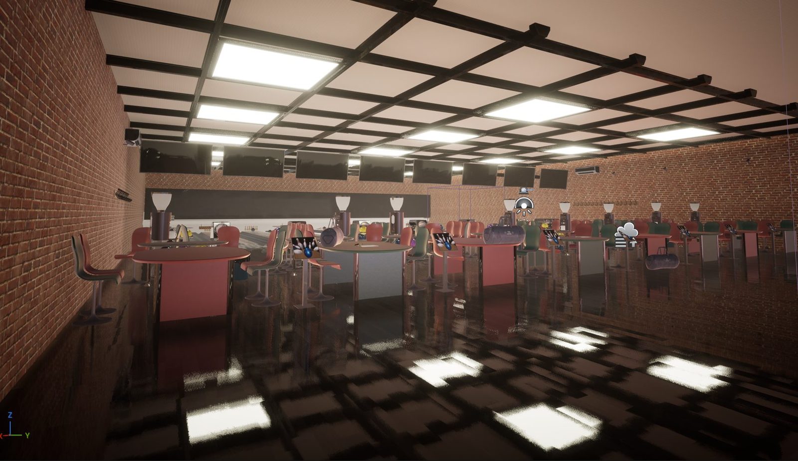 Bowling concourse under a ceiling light grid