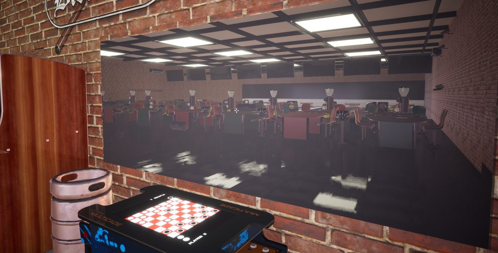 Window from the arcade into the bowling alley