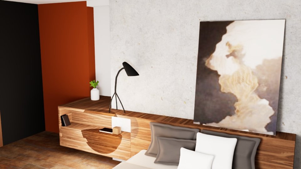 Modern bedroom with an orange accent wall