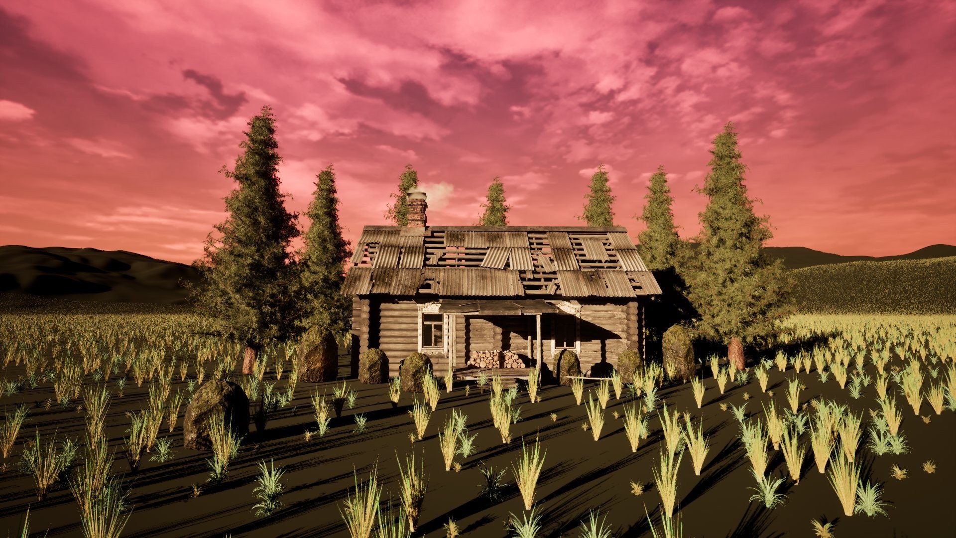 Cabin in a pine clearing at sunset