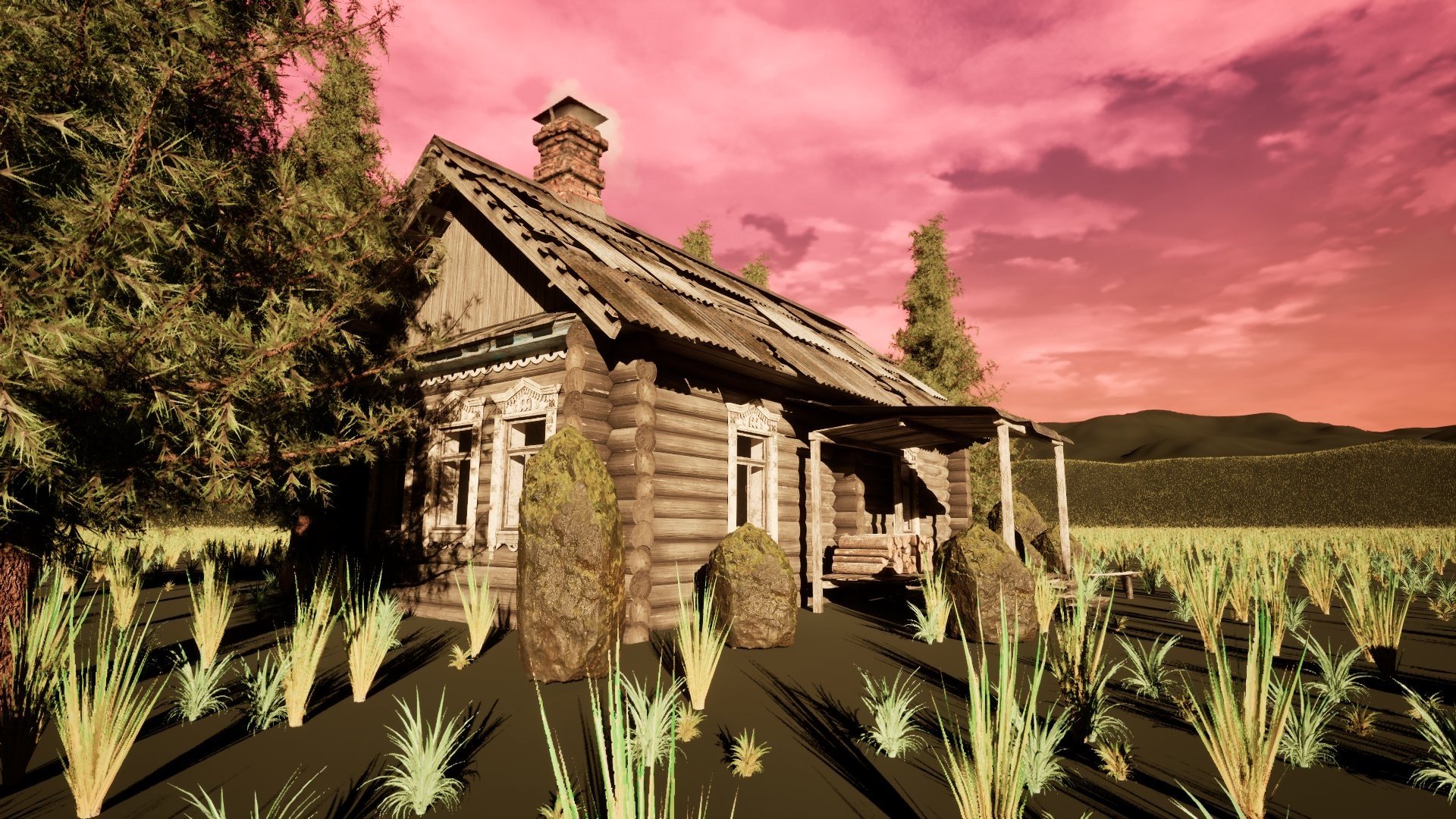 Weathered log cabin among pines under a red sunset sky