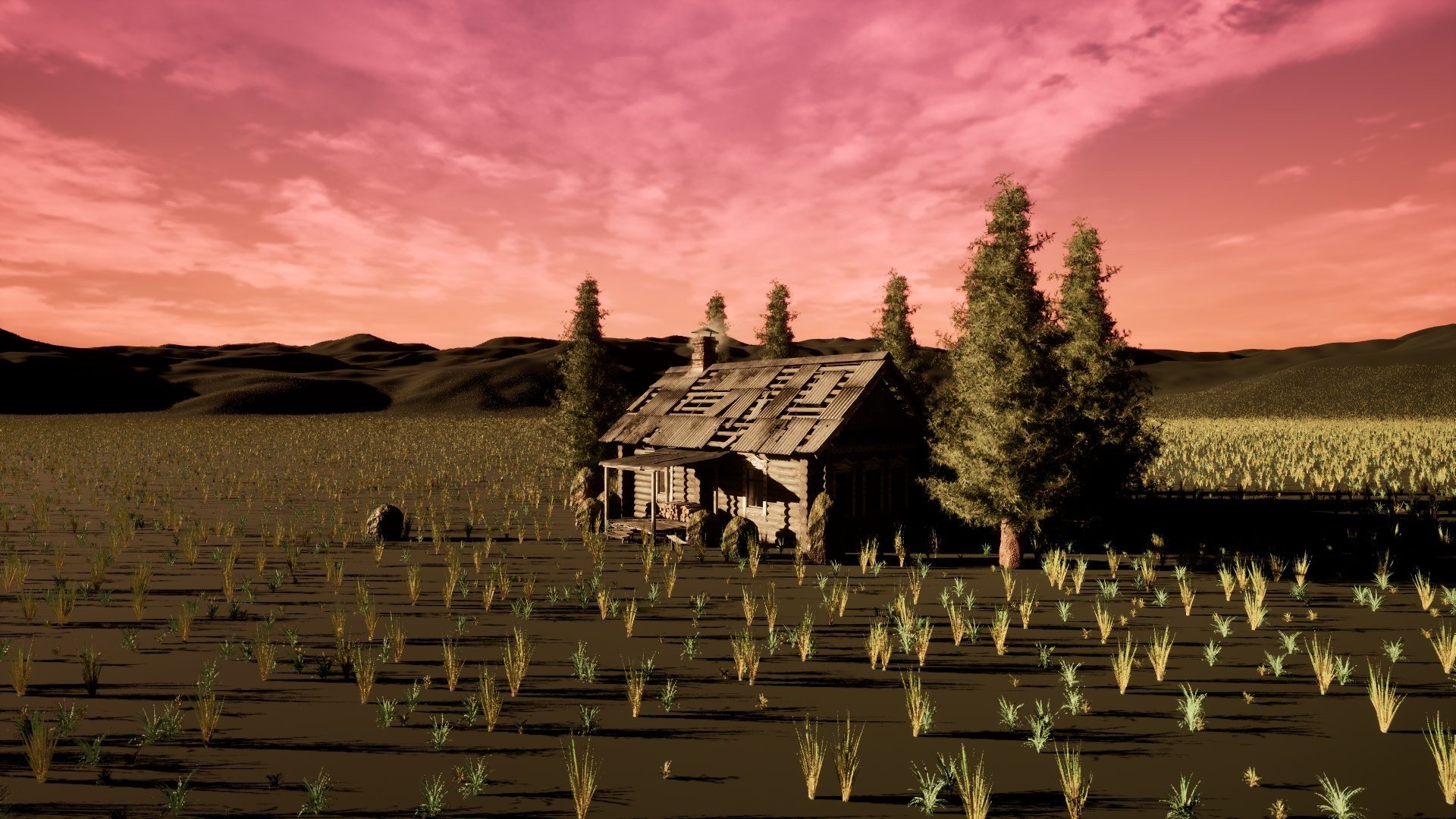 Distant view of the cabin across the grass