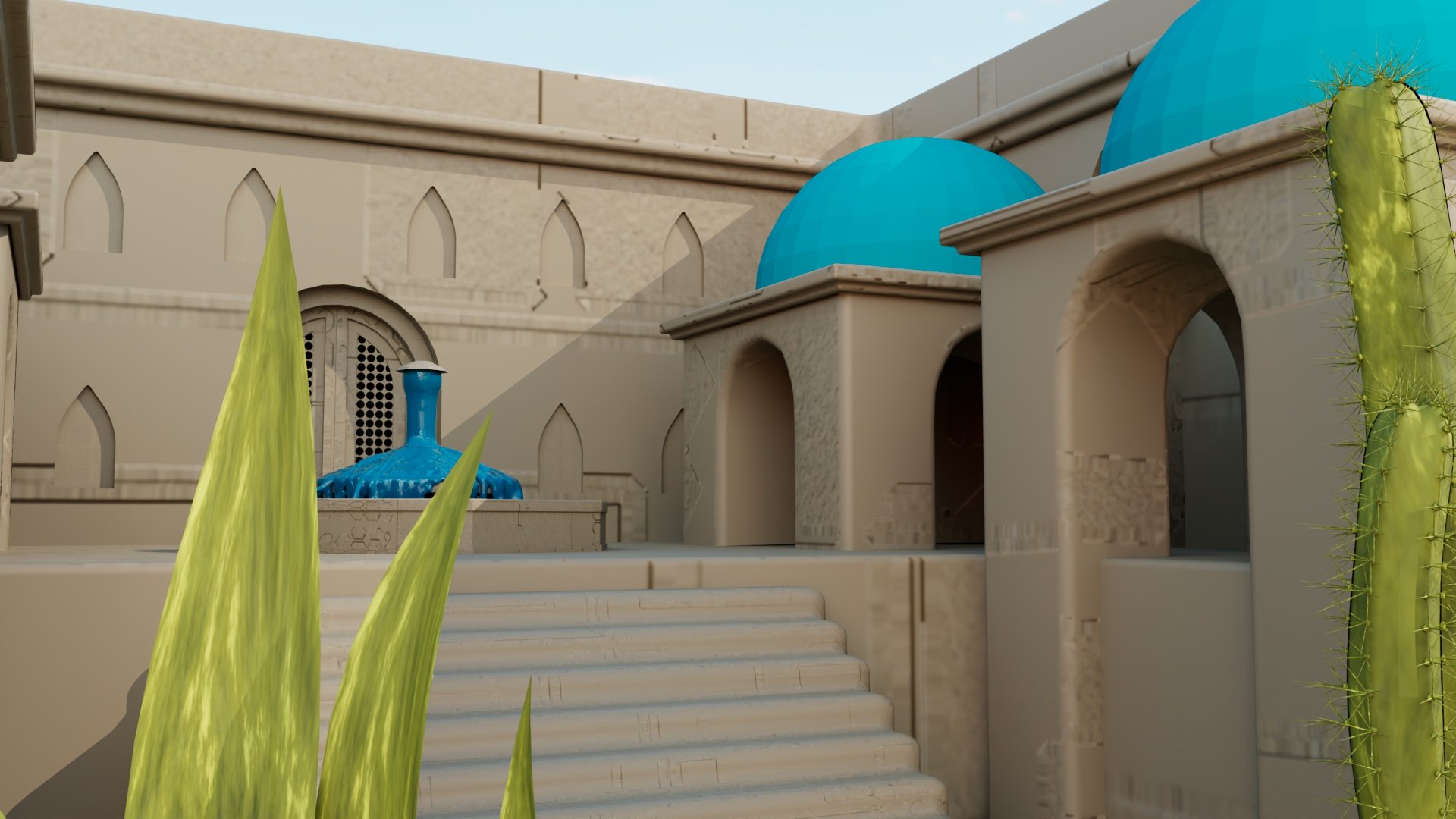 Desert courtyard with blue domes and cactus