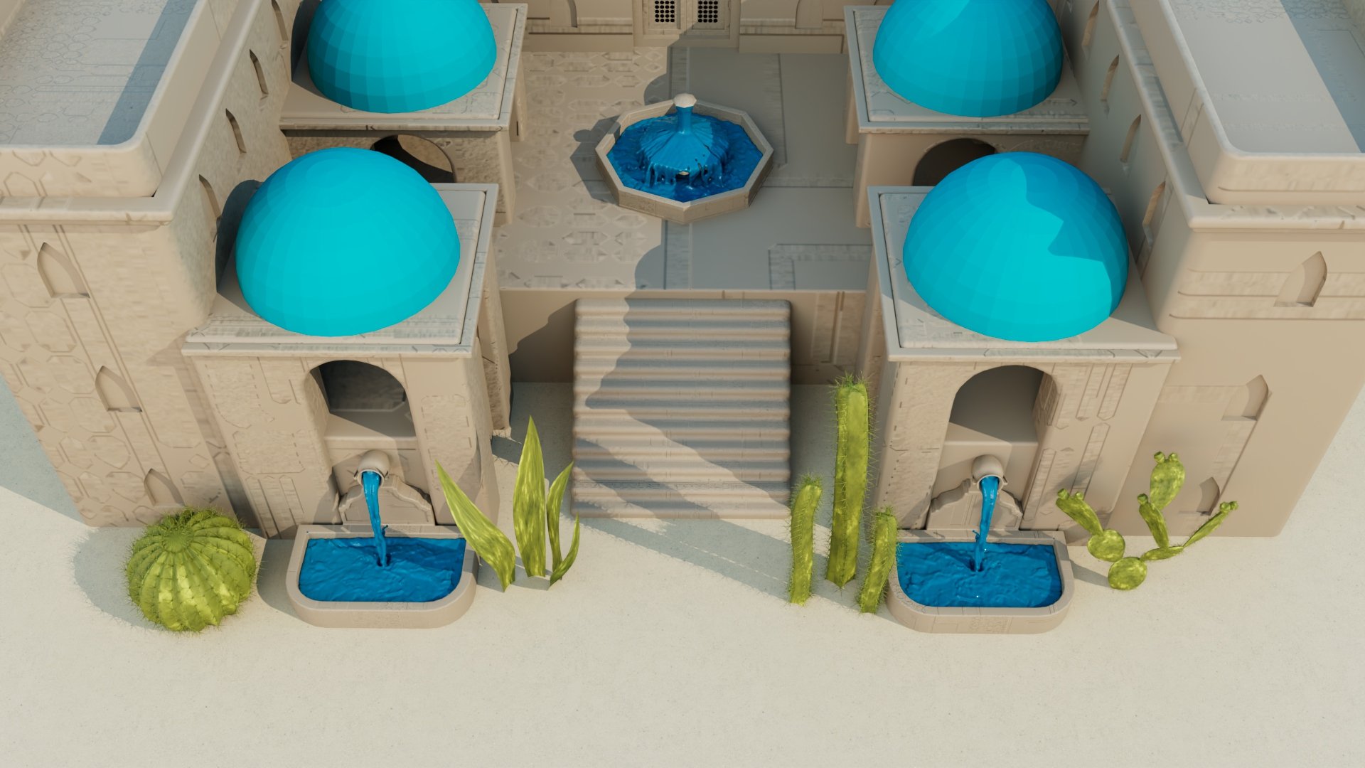 Overhead view of a desert courtyard with fountains