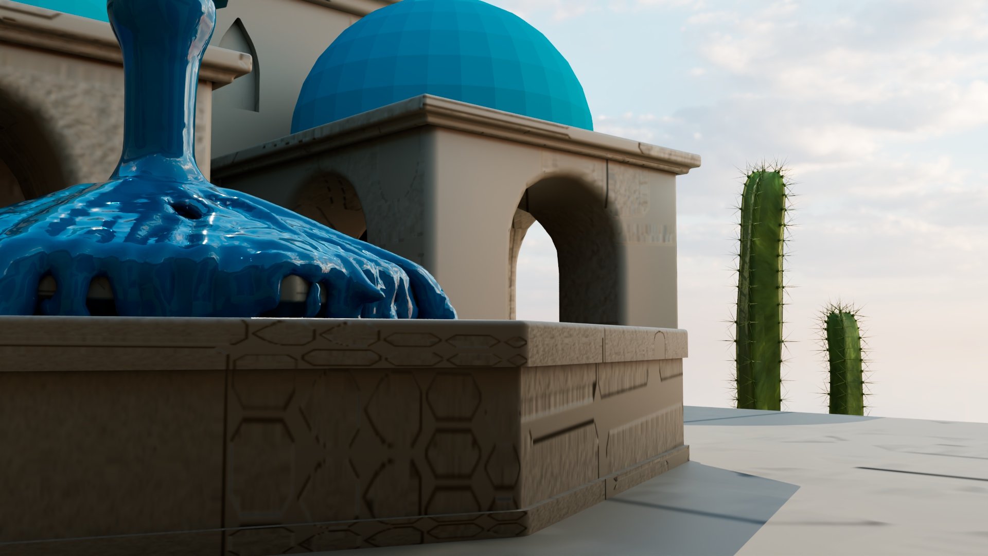 Fountain detail with a dome behind
